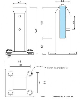 Square Base Plate Glass Spigot Technical Drawing